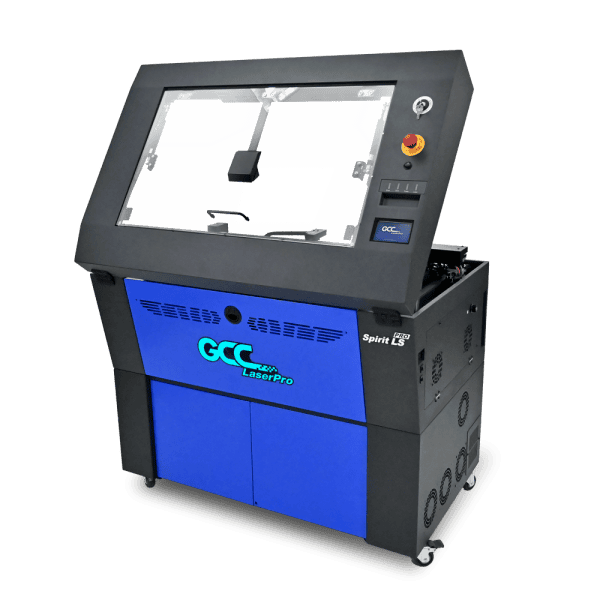 Spirit LS PRO Lasercutter mit geöffnetem Deckel und sichtbarem Arbeitsbereich